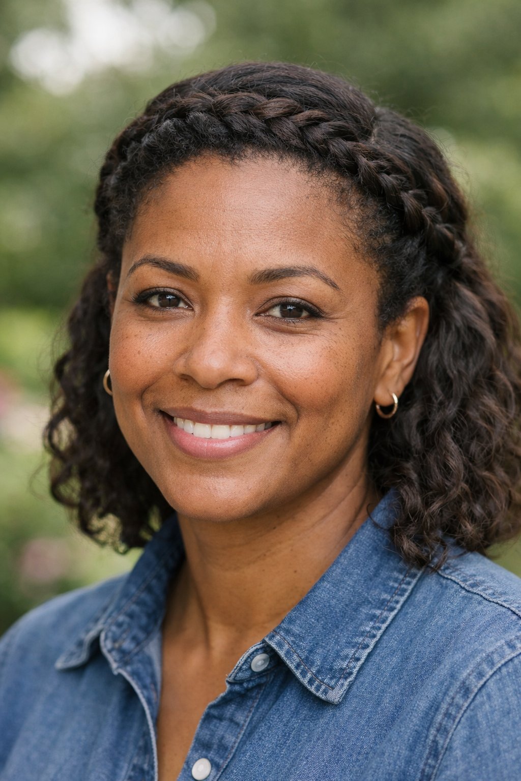 Headshot of a smiling woman outdoors with a braided crown hairstyle and side part.