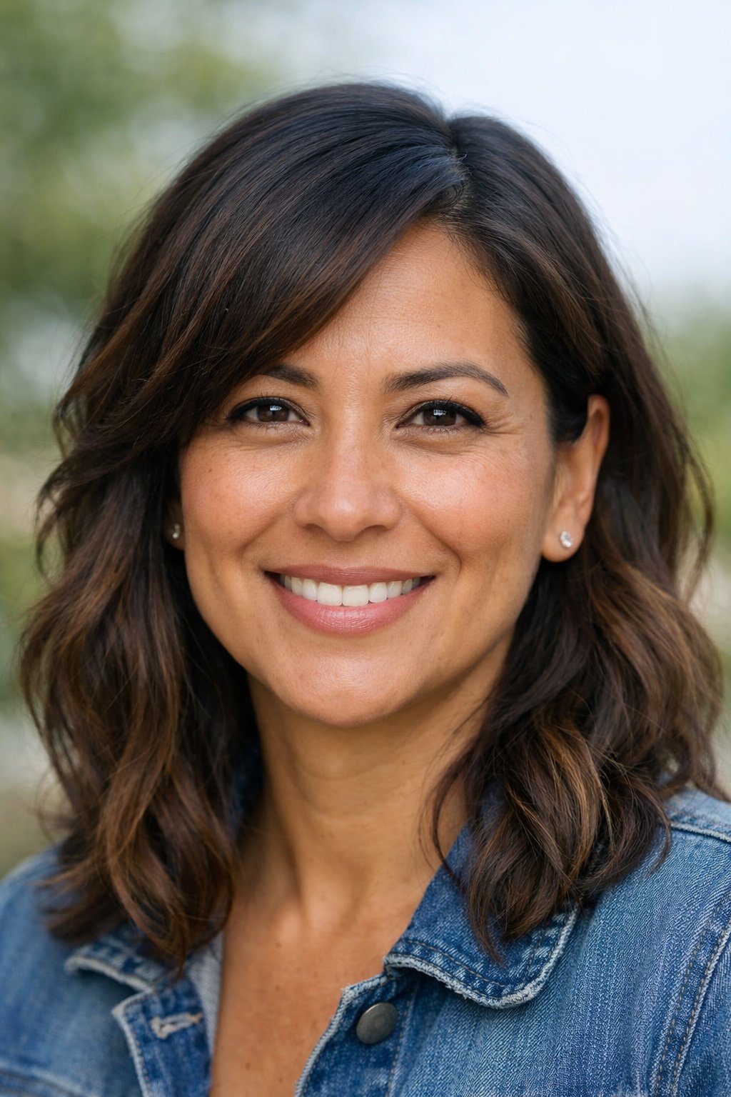 Headshot of a smiling woman outdoors with soft waves in her hair and a side-swept side part.
