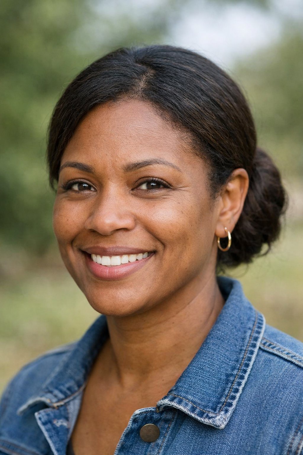 Headshot of a smiling woman outdoors with a low bun hairstyle and side part.