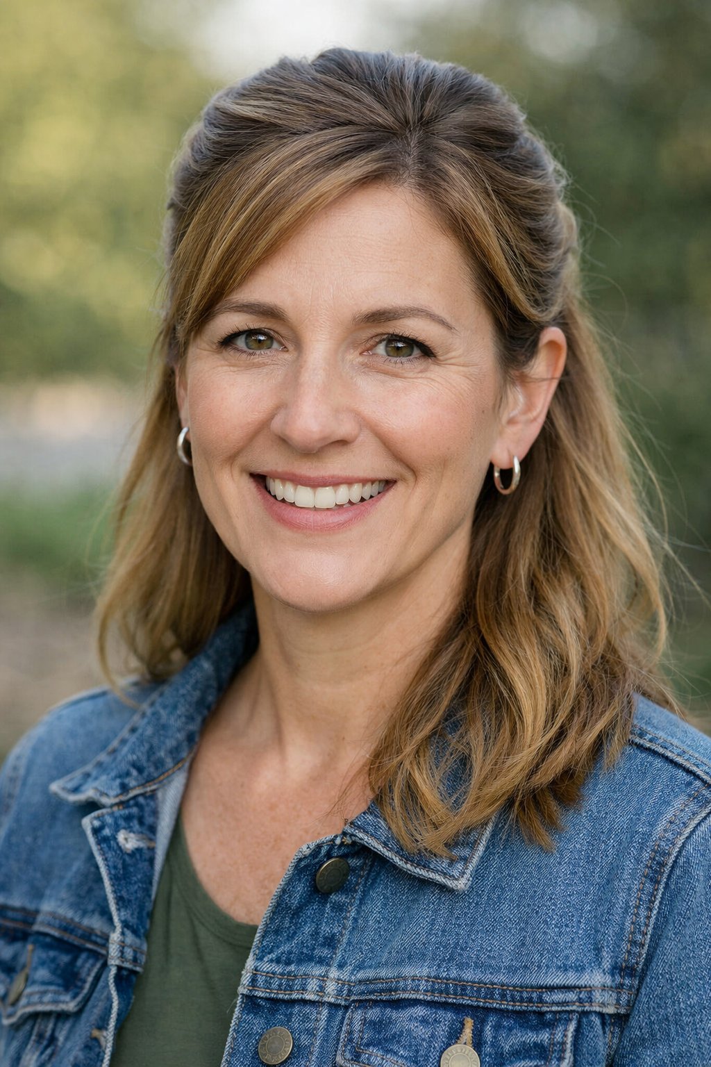 Headshot of a smiling woman outdoors with her hair styled half-up and half-down.