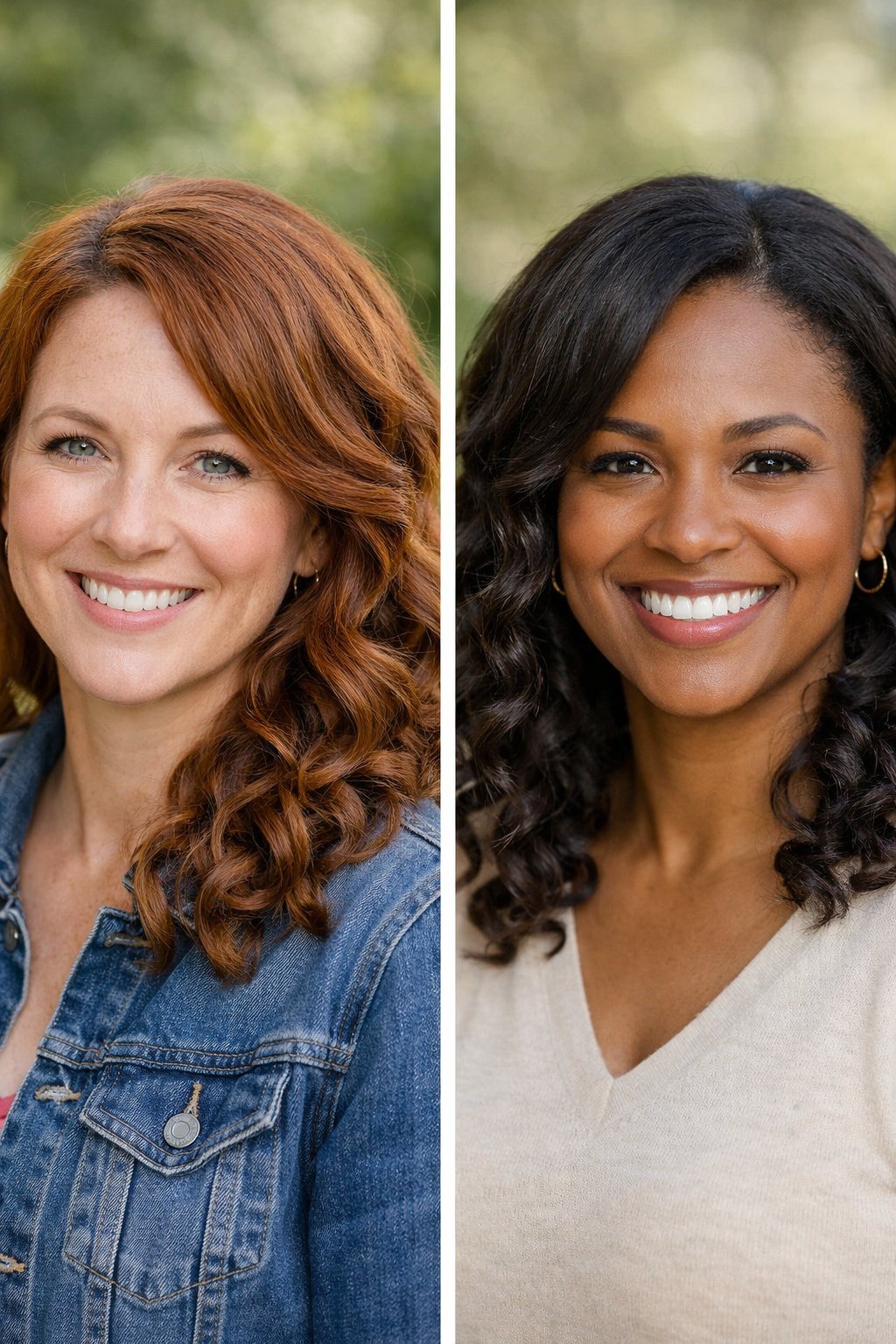 Headshot of a smiling woman outdoors with a side part and loose curls.