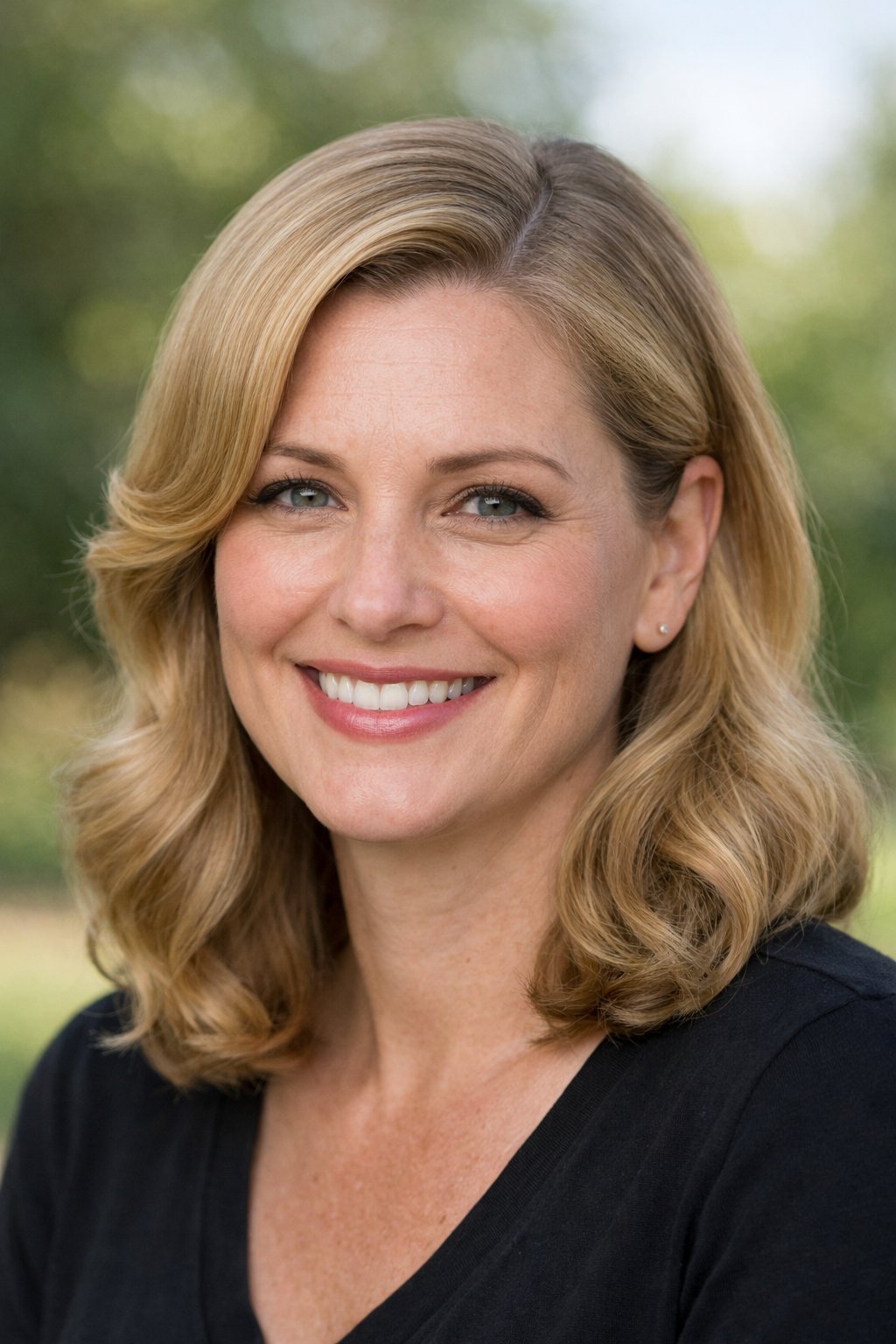 Headshot of a smiling woman outdoors with styled hair and natural lighting.