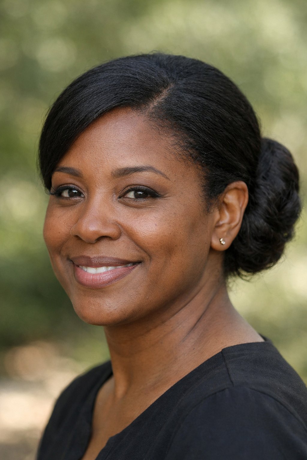 Headshot of a smiling woman outdoors with her hair styled in a side part and bun.