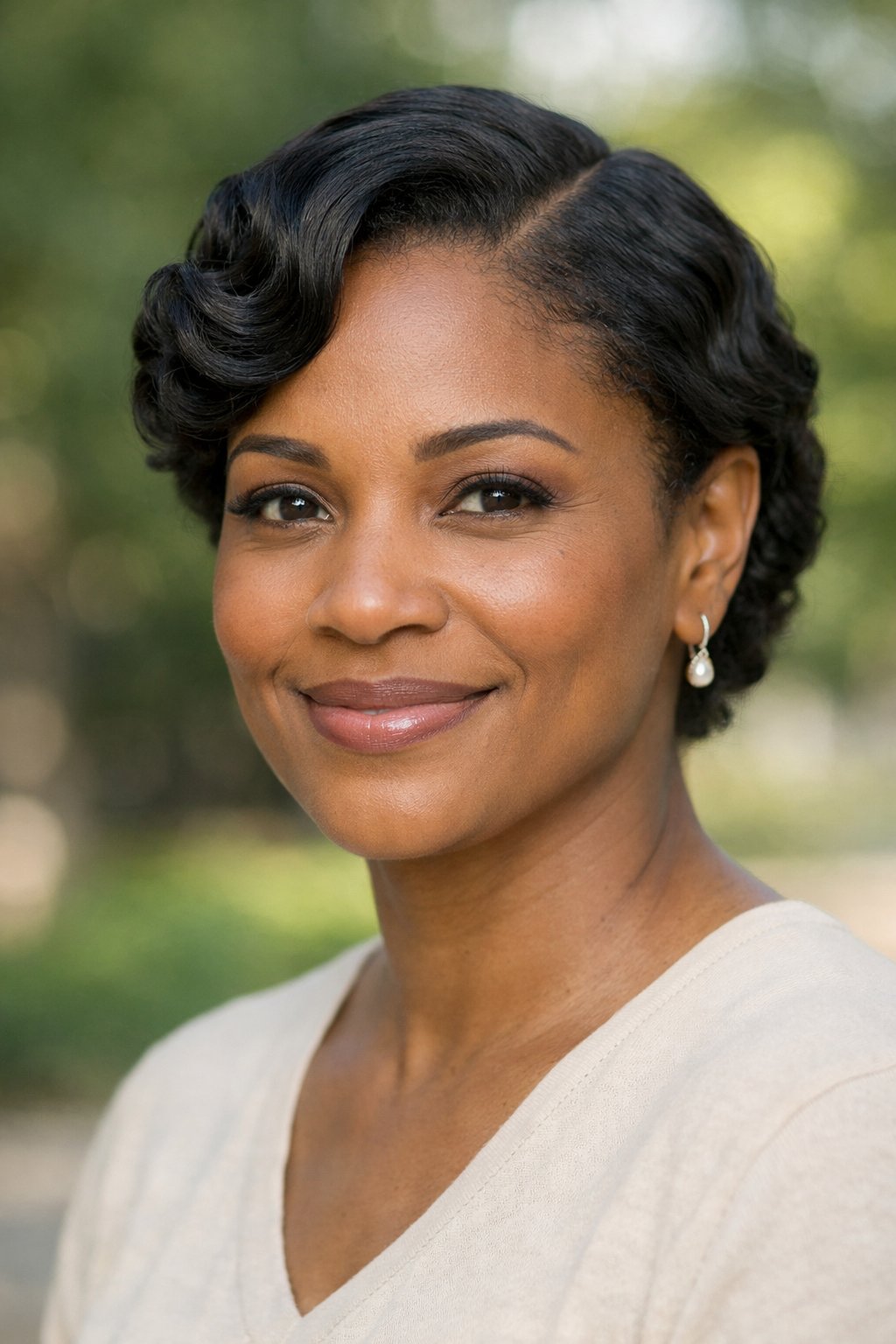 Smiling woman outdoors with a side part hairstyle and finger waves, shown in a close-up headshot.