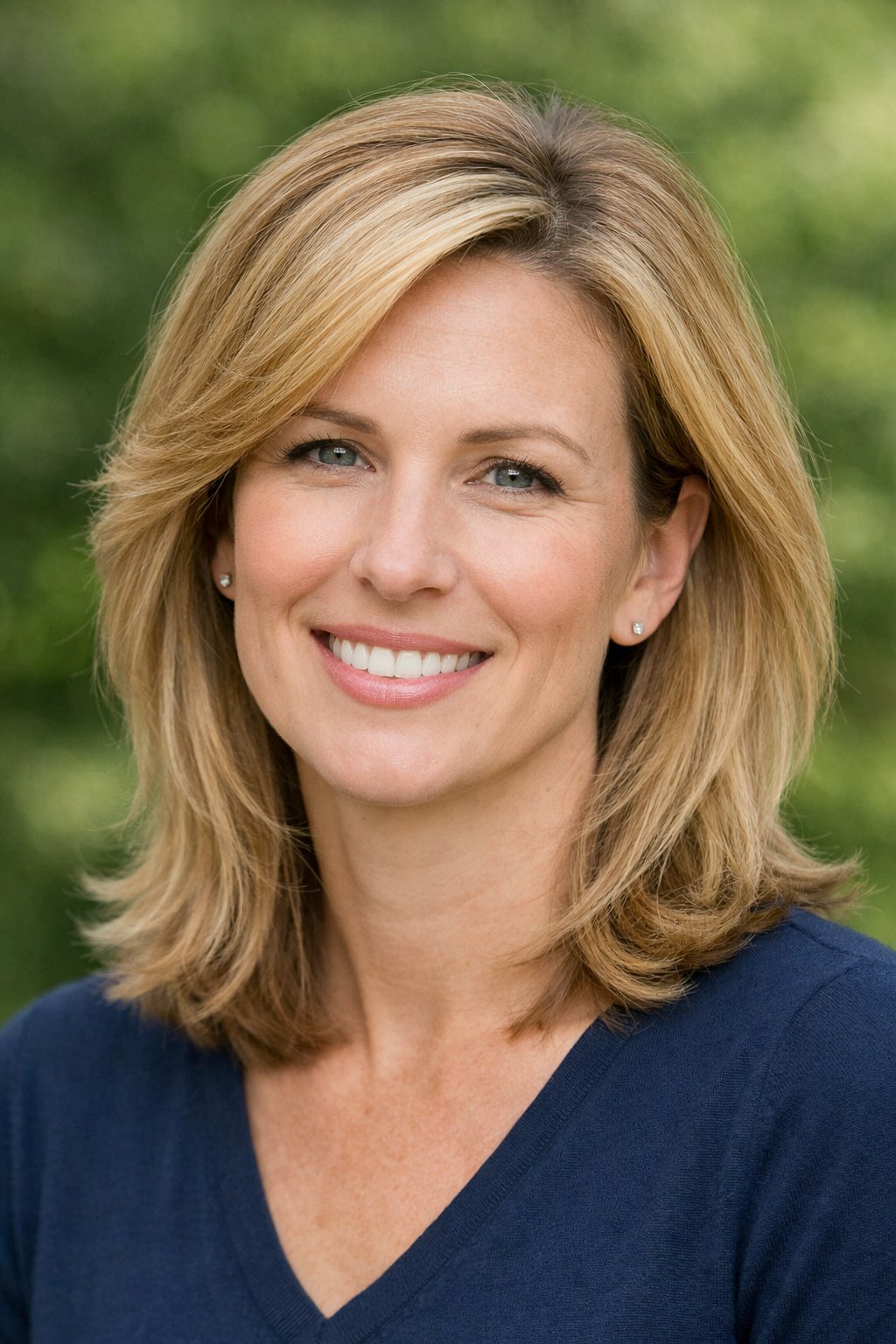 A smiling woman outdoors with a side-parted voluminous hairstyle, shown from the shoulders up.