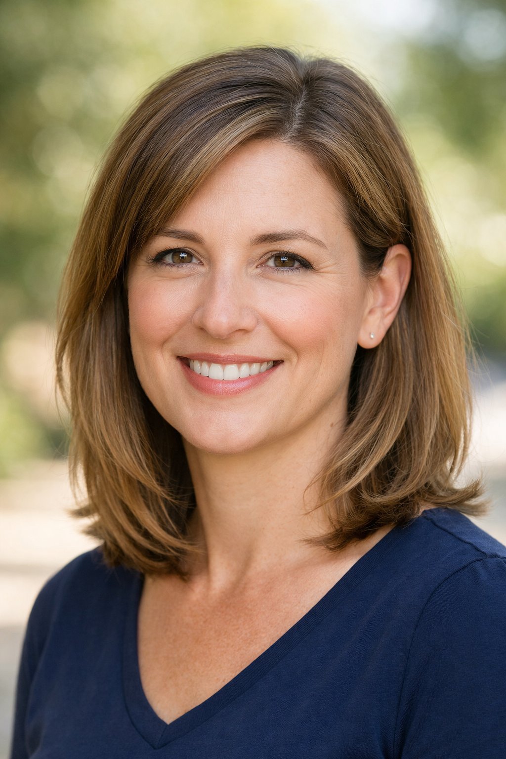 Smiling woman outdoors with smooth side-parted hair and natural skin tone.