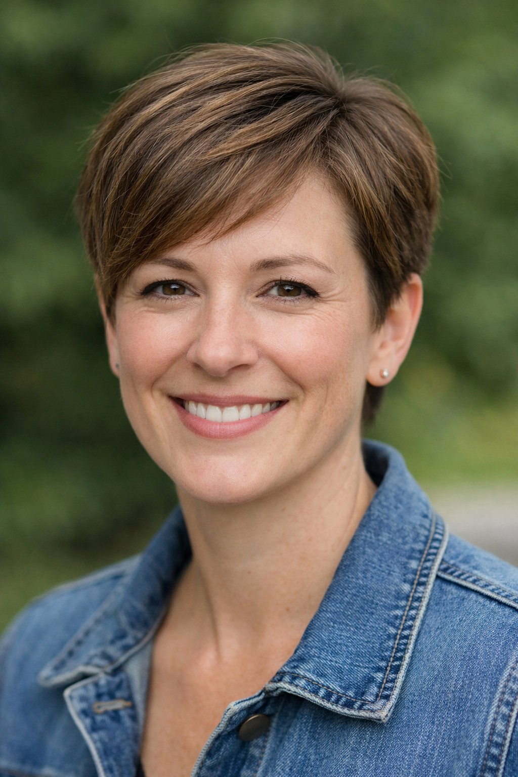 Headshot of a smiling woman outdoors with a short side-parted hairstyle and natural skin tone.