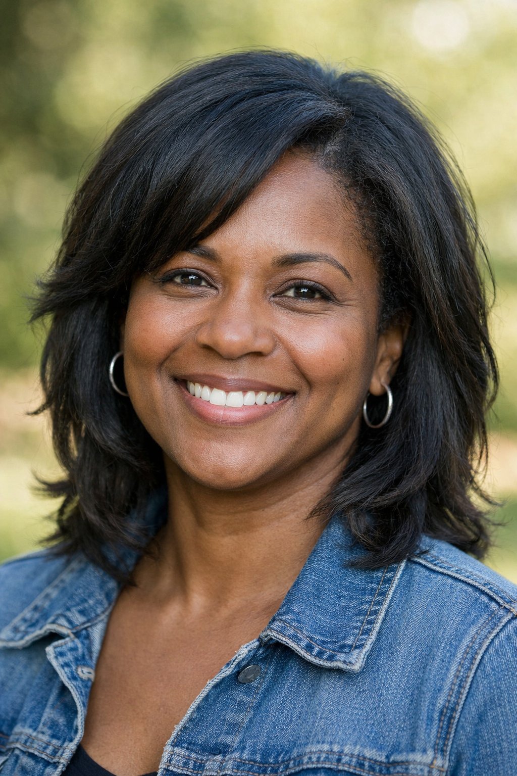 Headshot of a smiling woman outdoors with natural lighting and a blurred background.