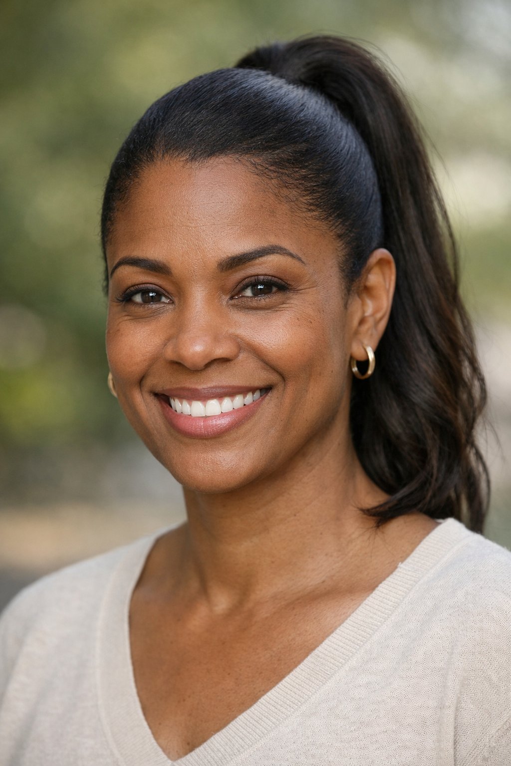 Headshot of a smiling woman outdoors with a high ponytail and side part hairstyle.