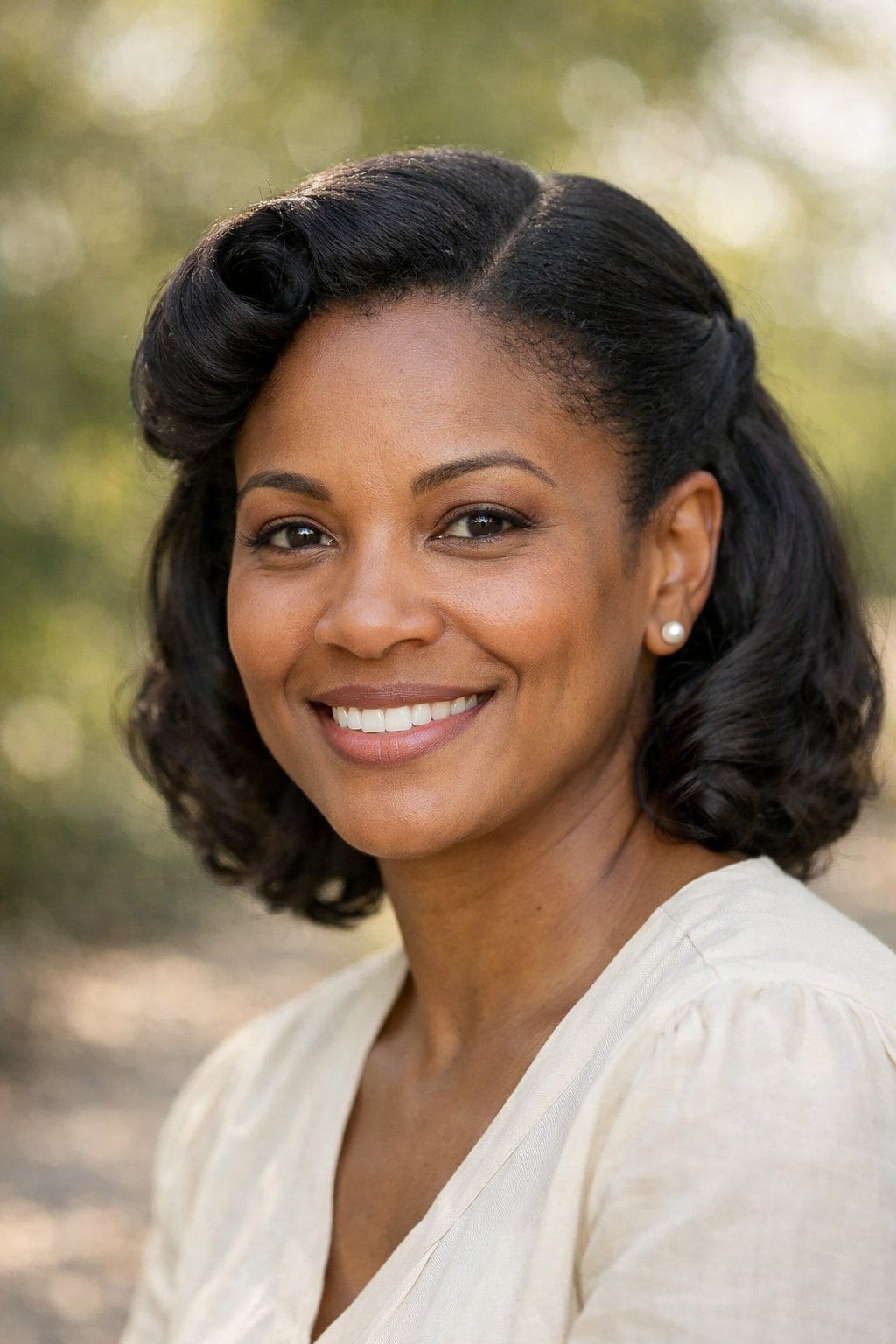 Headshot of a smiling woman outdoors with a side-part vintage rolled hairstyle.