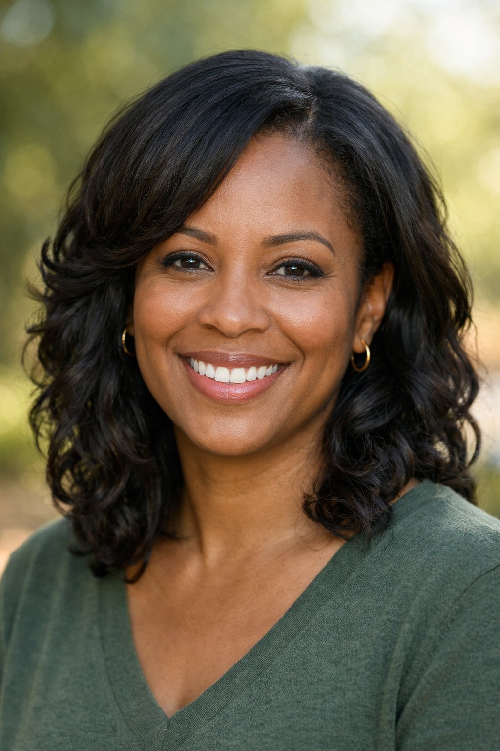 Smiling woman outdoors with a side-part hairstyle and soft layers framing her face.