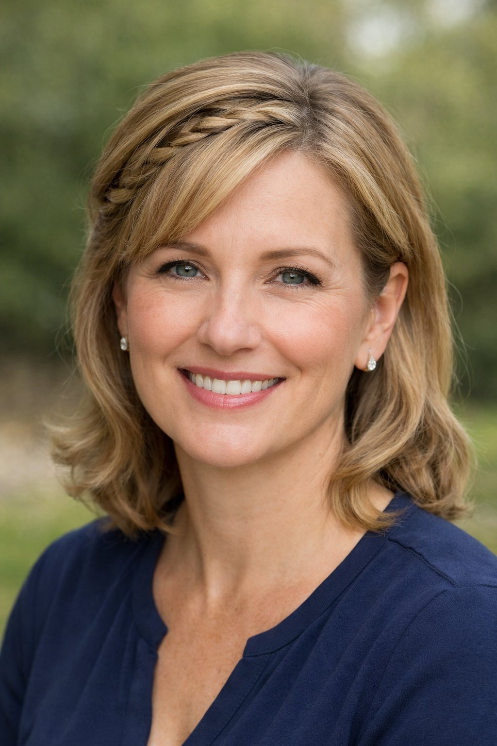 Headshot of a smiling woman outdoors with braided side sweep hairstyle and side part.