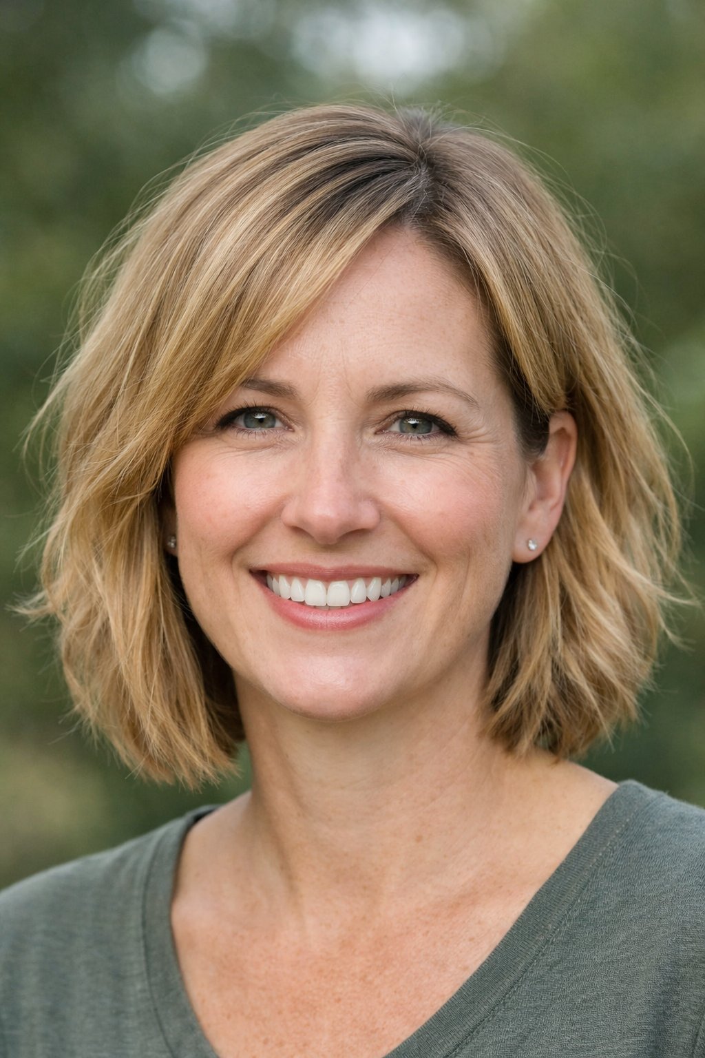 Headshot of a smiling woman outdoors with a side-parted, softly tousled lob hairstyle.