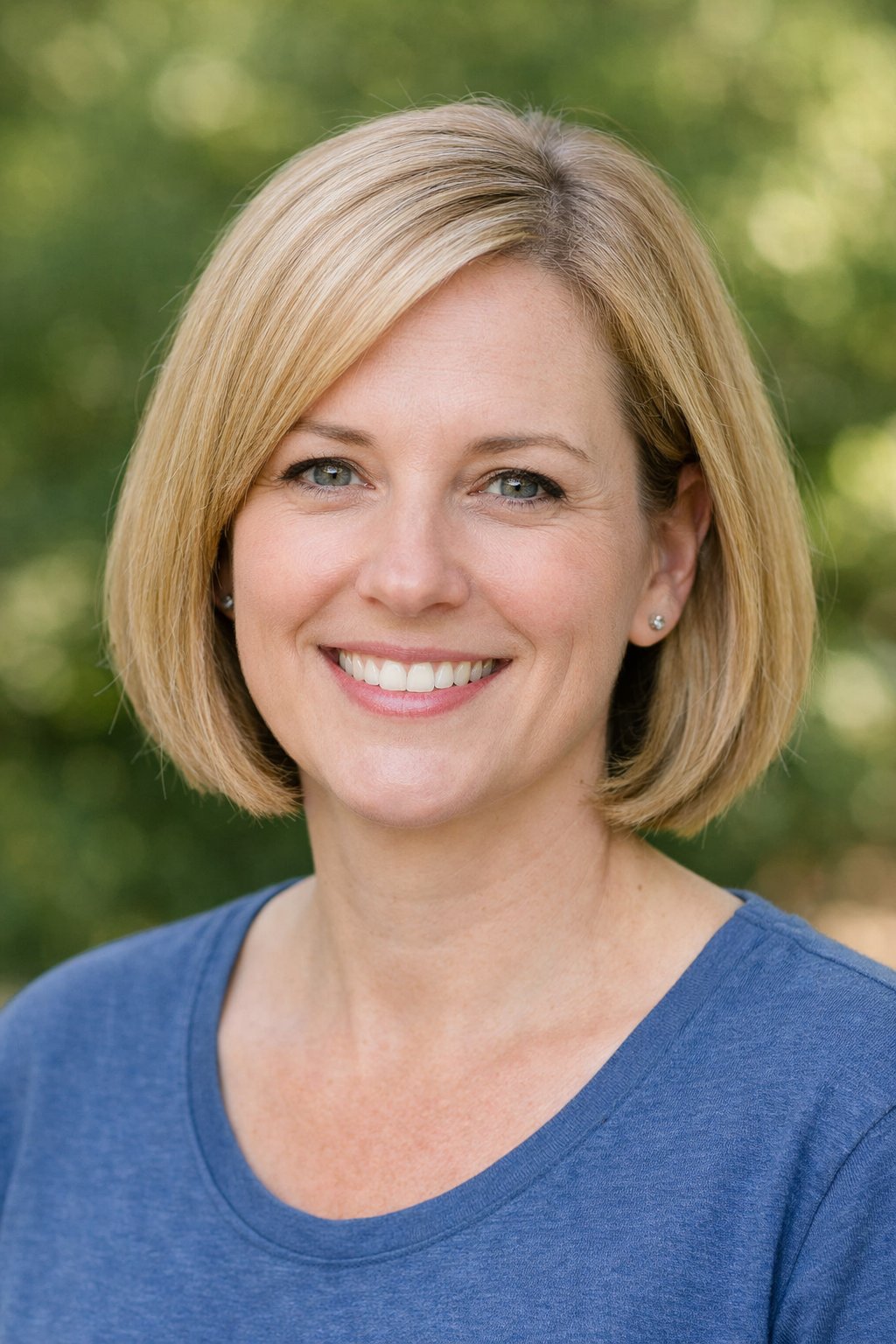 Smiling woman outdoors with a smooth bob haircut and side part.