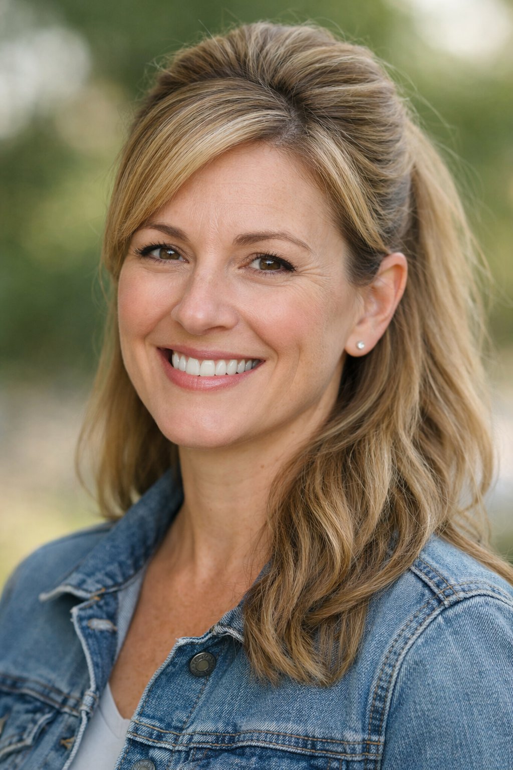 Headshot of a smiling woman outdoors with a side-parted voluminous half ponytail hairstyle.