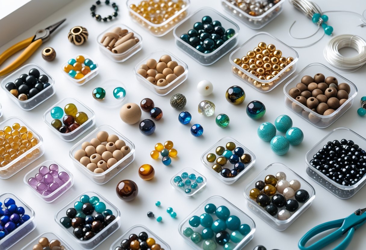 A collection of assorted beads and jewelry making tools arranged on a white surface.