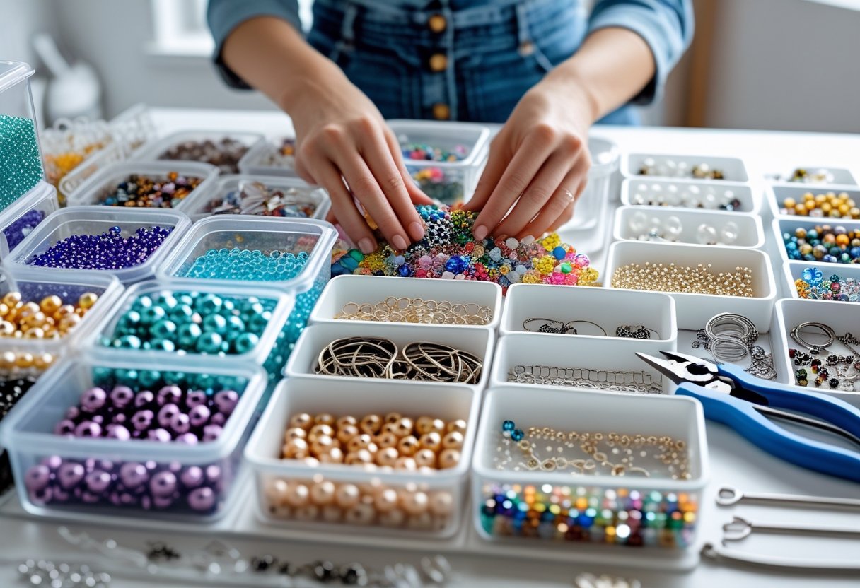 Hands sorting through colorful beads and jewelry making supplies on a bright, organized workspace.