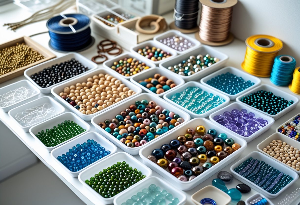 A neatly organized collection of colorful beads and jewelry-making supplies arranged on a clean workspace.