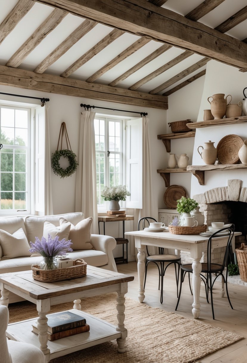 A bright living room with wooden beams, a linen sofa, wooden furniture, a stone fireplace, and natural light coming through large windows.