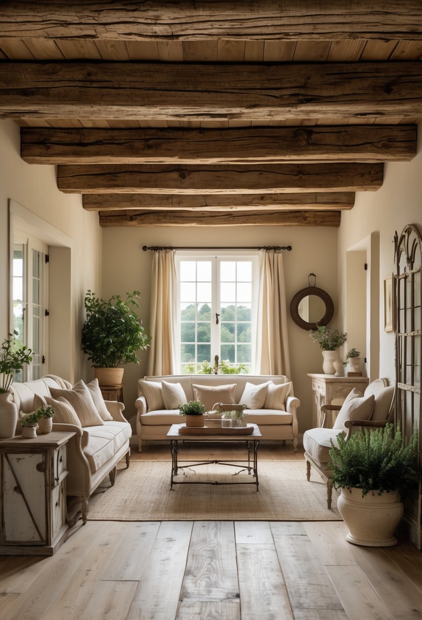 Interior room with exposed wooden ceiling beams and cozy seating area beneath.