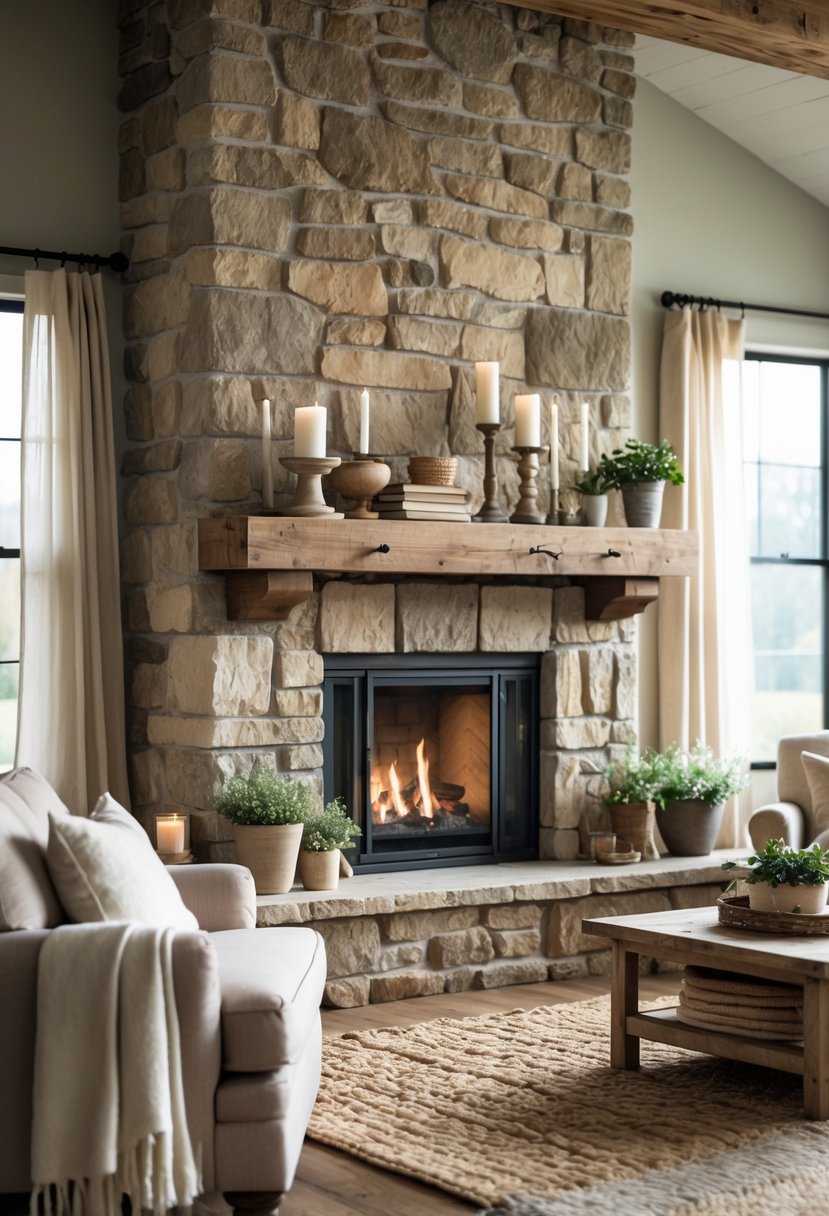 A cozy living room with a large weathered stone fireplace, comfortable seating, wooden flooring, and natural light coming through windows.