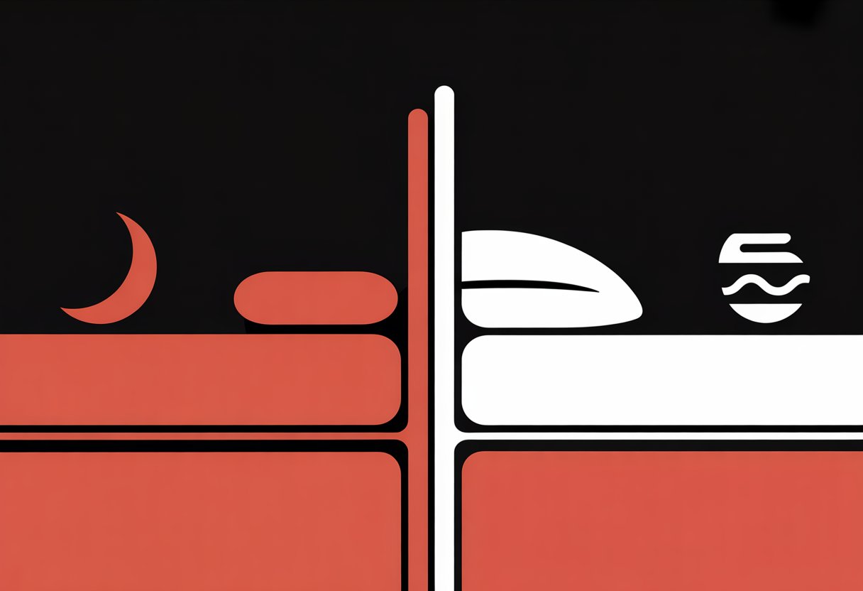 Two simplified mattresses facing each other, separated by a vertical line, with distinct red and white colors and abstract shapes on each mattress.
