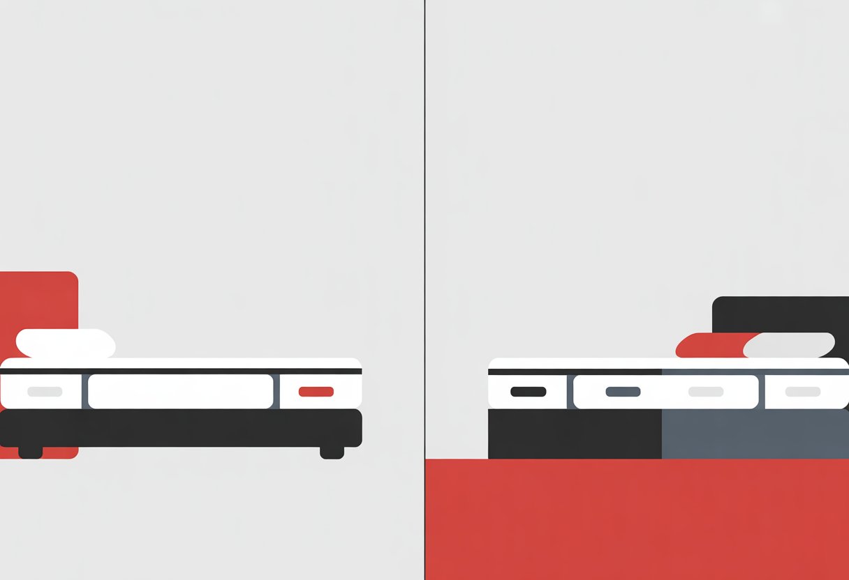 A split panel showing two stylized mattress icons side by side, representing two different mattress brands.