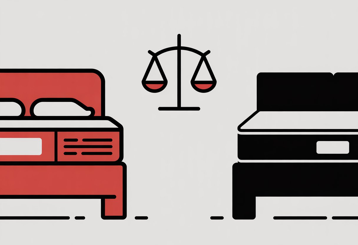Two simplified mattresses side by side with a balance scale between them, representing a comparison of mattress types.