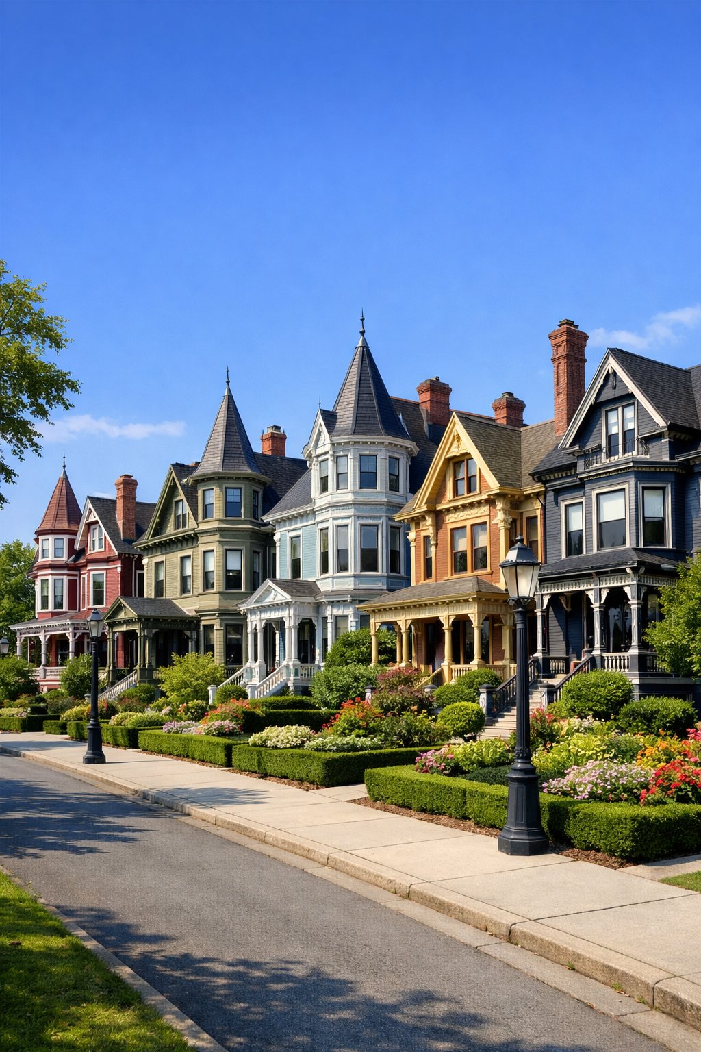 A row of large, ornate Victorian mansions with detailed architecture and lush gardens on a sunny day.