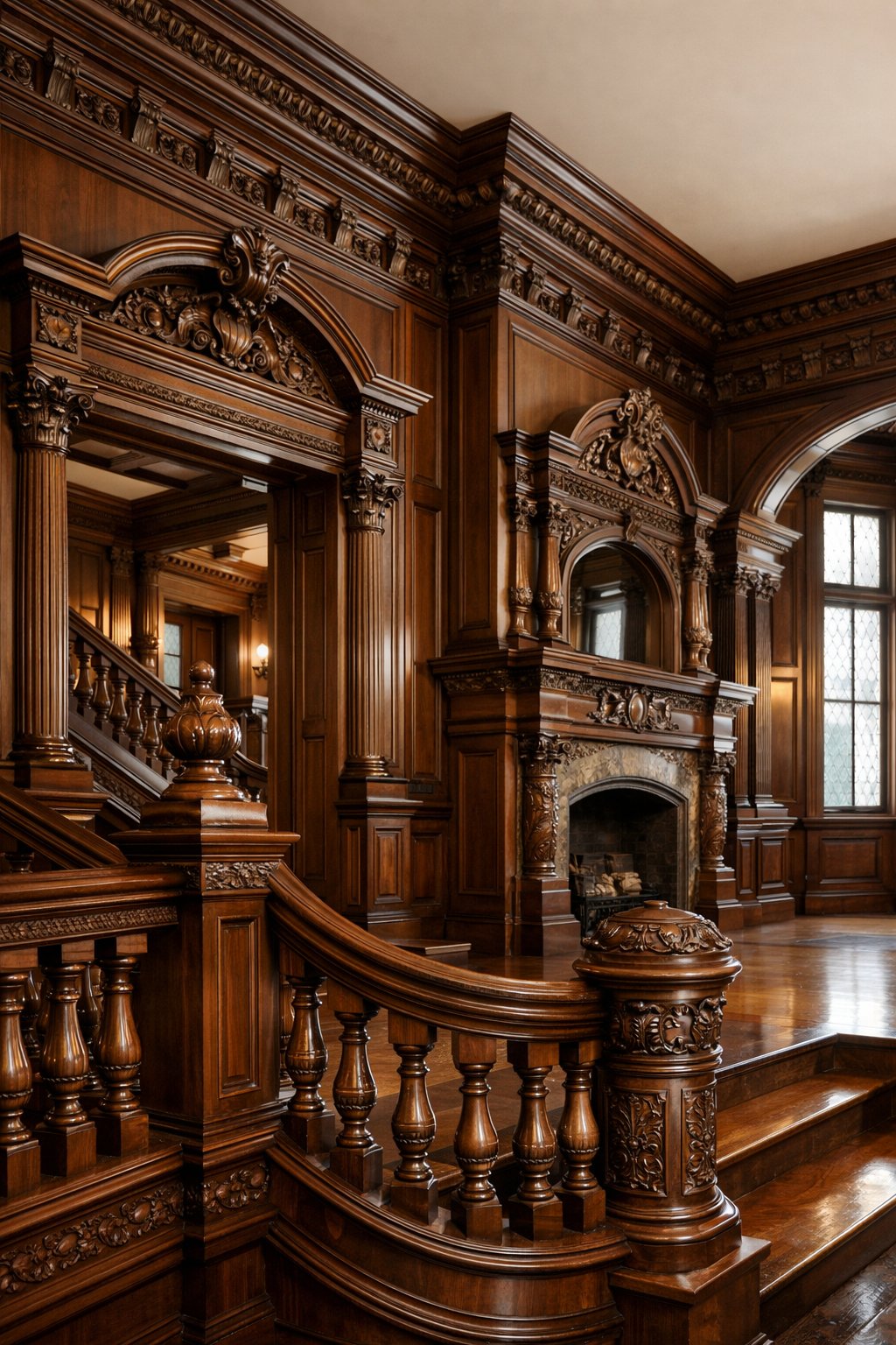 Close-up view of detailed wooden carvings and trim inside a large, elegant mansion.