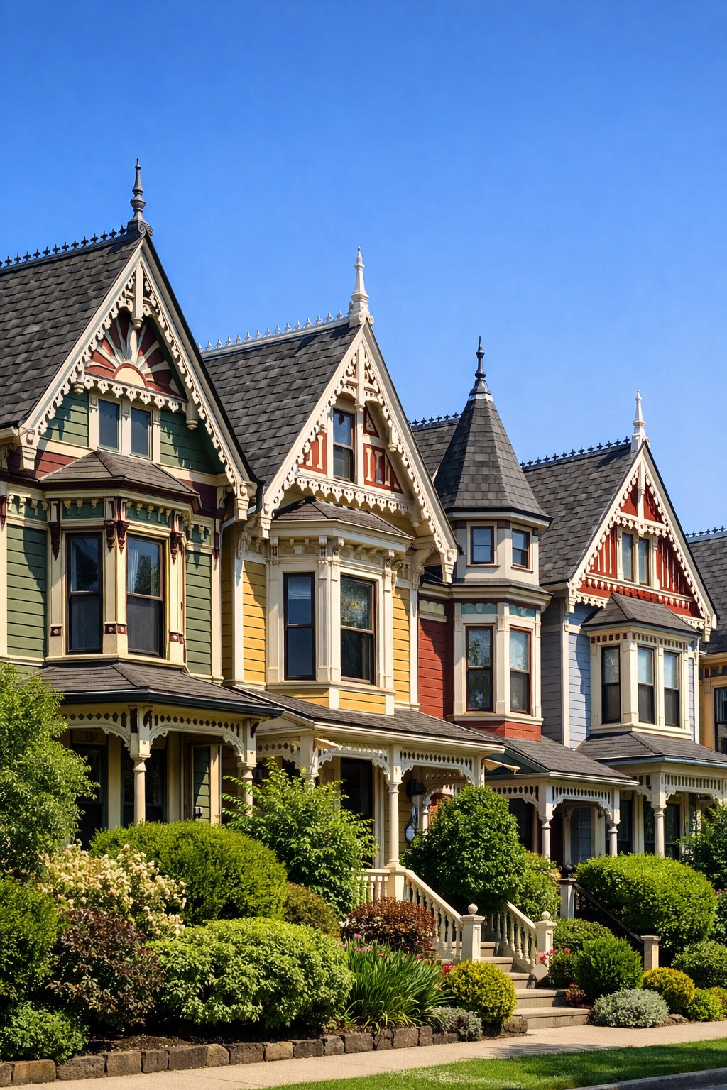 A row of large houses with steep roofs and decorative gables under a clear blue sky, surrounded by greenery.
