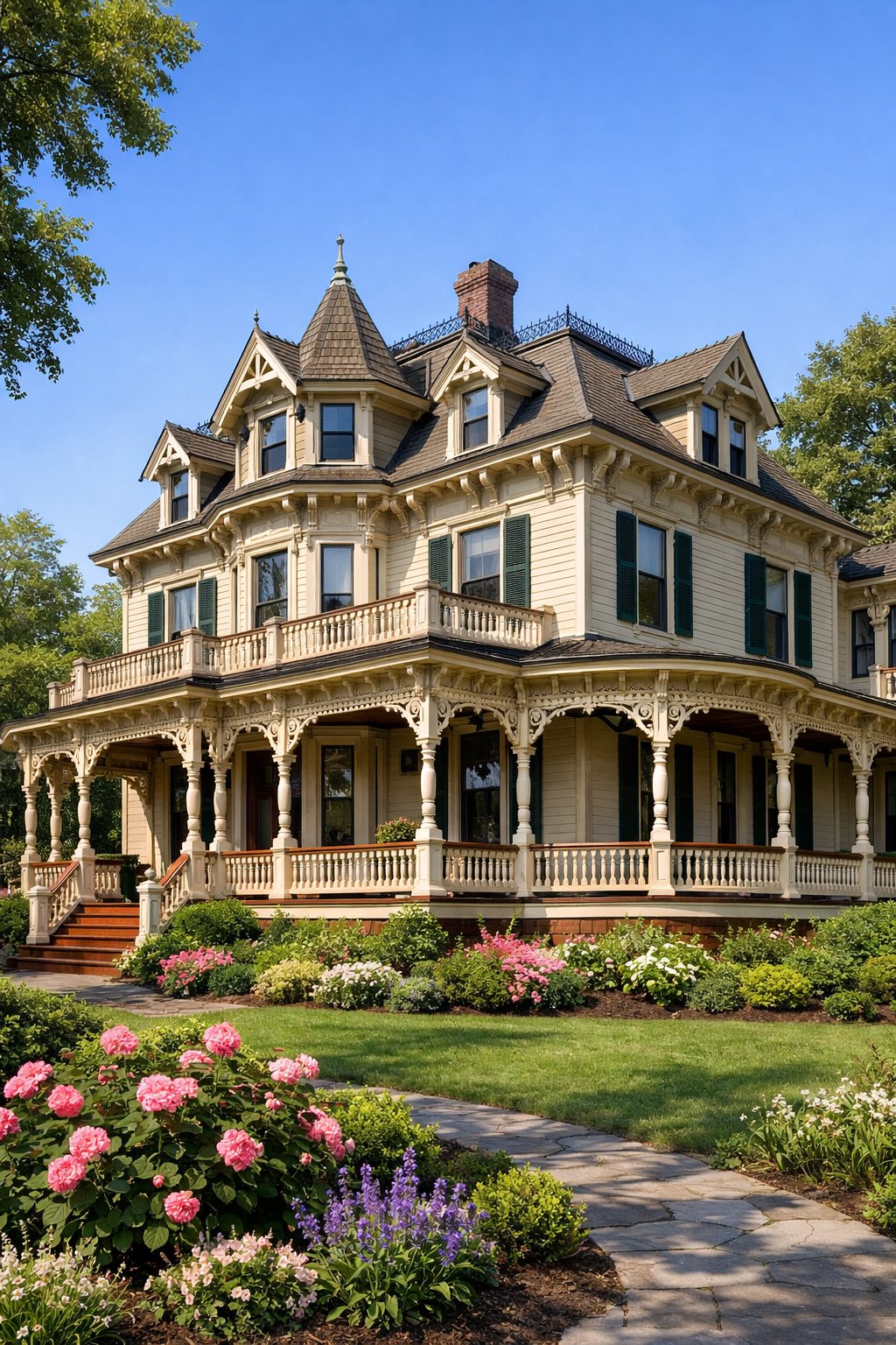 A large mansion with spacious porches supported by detailed wooden posts surrounded by trees and flowers.