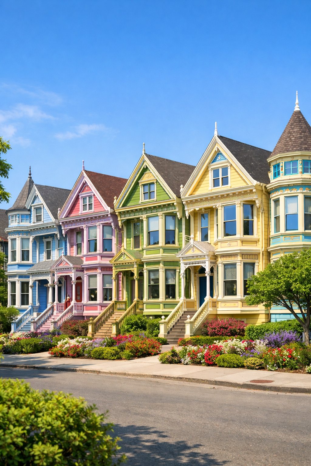 A row of colorful Victorian mansions with detailed architectural features along a tree-lined street on a sunny day.