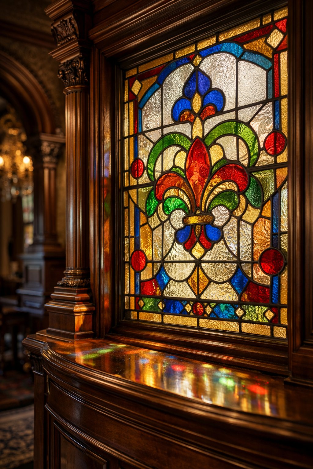 Close-up of colorful stained glass windows with patterned designs inside a Victorian mansion.