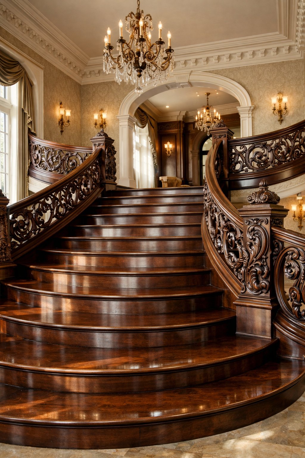 A wide grand staircase with detailed carved wooden banisters inside a large elegant home.