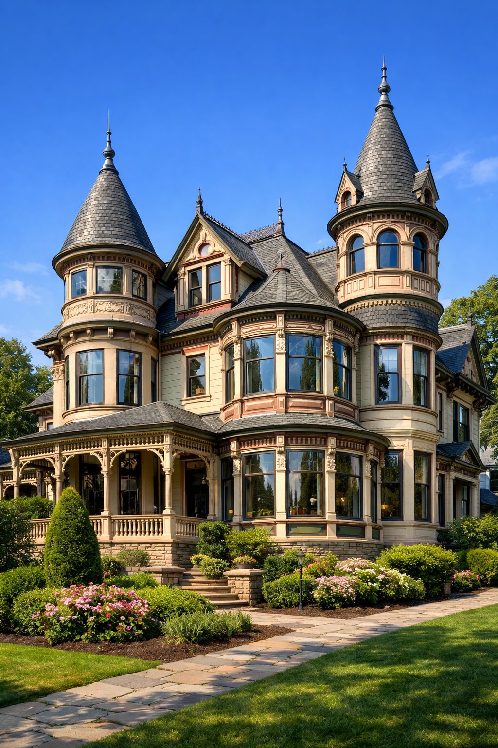 A large mansion with multiple towers and projecting windows surrounded by trees and gardens under a clear sky.