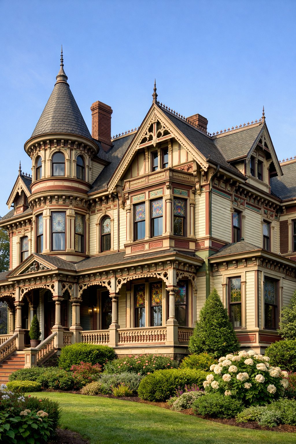 A large, detailed mansion with decorative woodwork and tall windows surrounded by greenery under a clear sky.