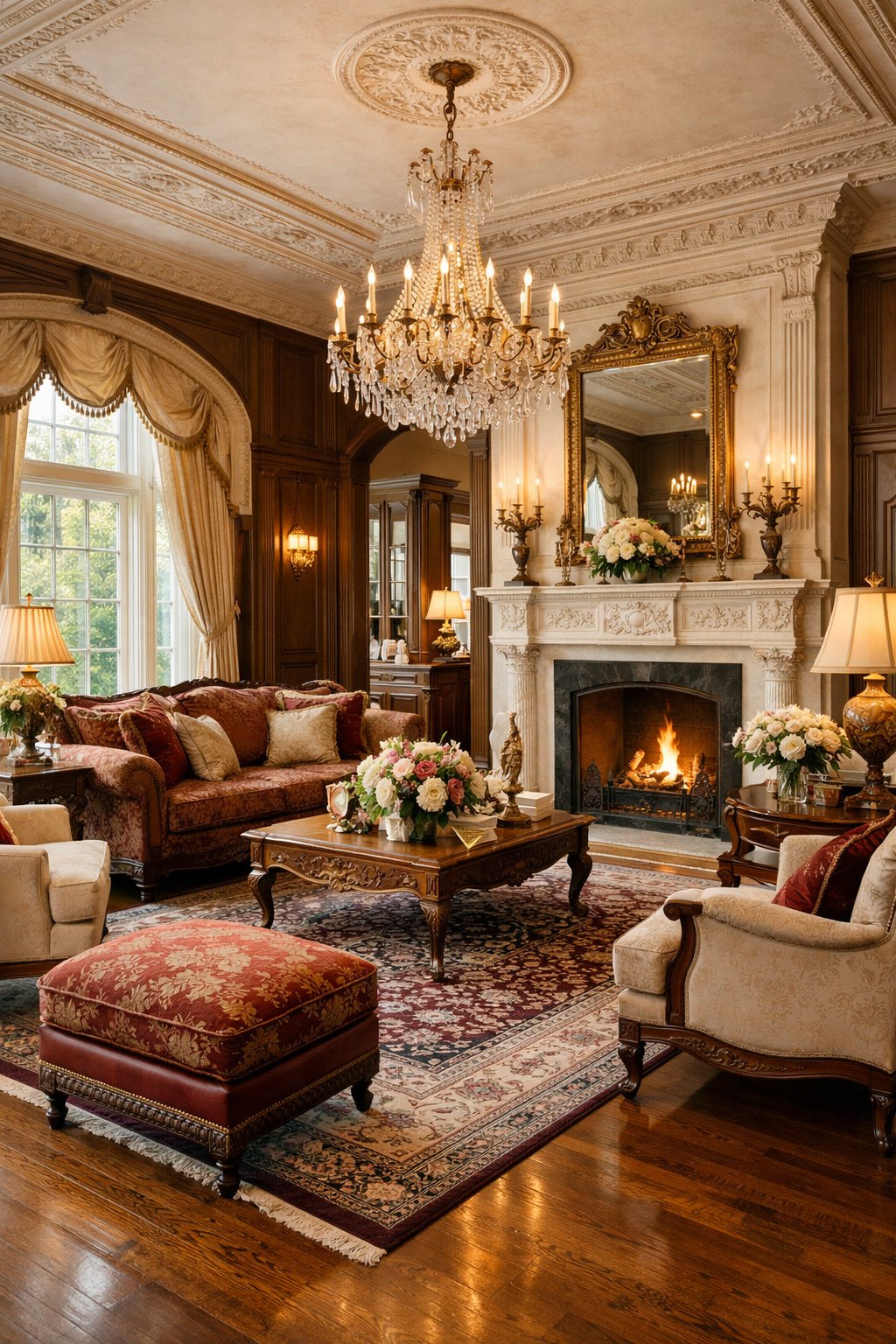 A spacious, elegantly furnished living room with large windows, a fireplace, chandelier, and comfortable seating.
