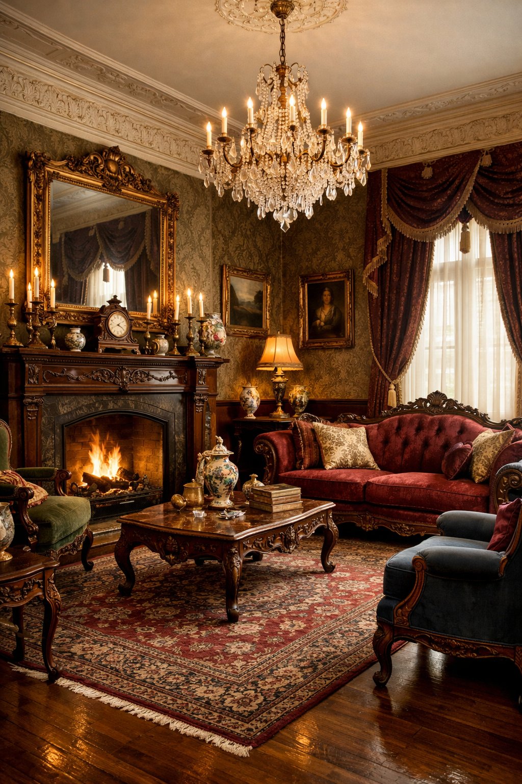 Victorian Living Room Design Ideas: 7 Timeless Inspirations for Elegant Homes 2 A living room with ornate wooden furniture, a fireplace, a chandelier, heavy drapes, and decorative rugs.