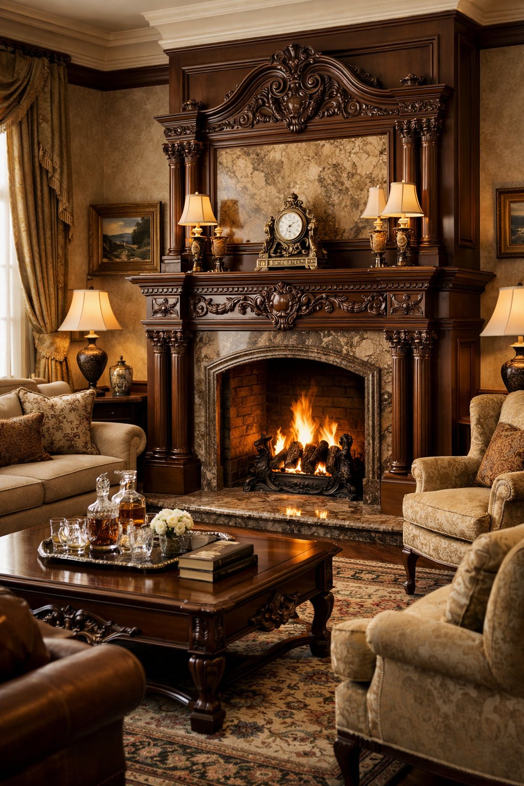 Victorian Living Room Design Ideas: 7 Timeless Inspirations for Elegant Homes 3 A living room with an ornate fireplace as the centerpiece, surrounded by comfortable furniture and warm lighting.