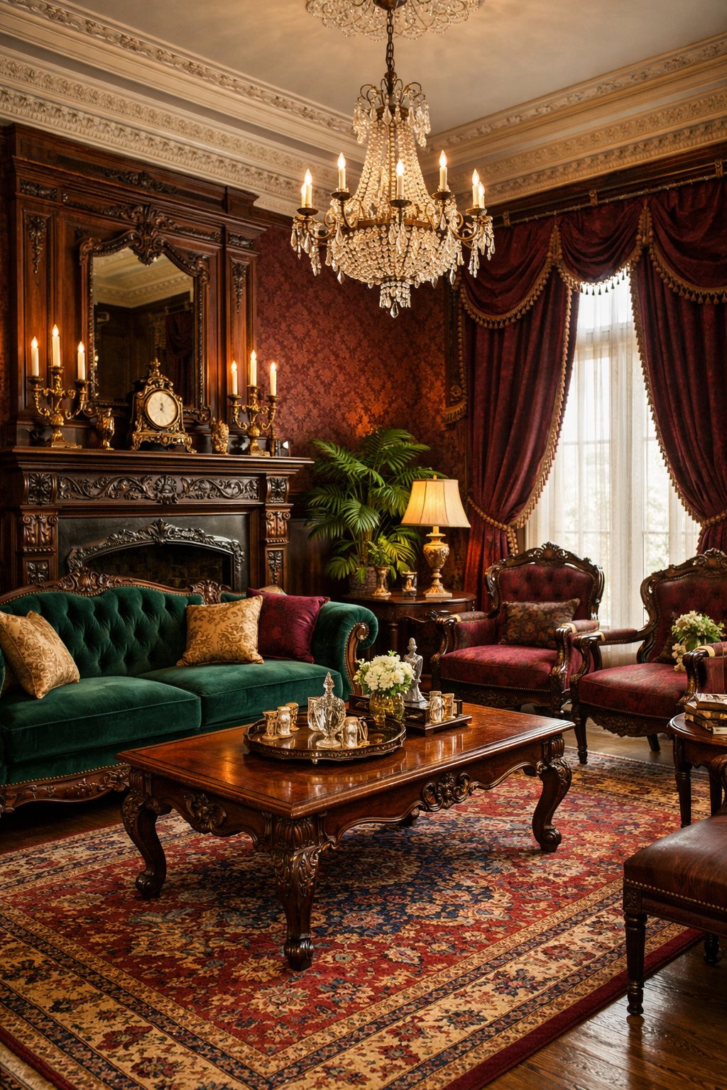 Victorian Living Room Design Ideas: 7 Timeless Inspirations for Elegant Homes 4 A living room with a velvet sofa, wooden furniture, a fireplace, tall windows with heavy drapes, a chandelier, and decorative plants.