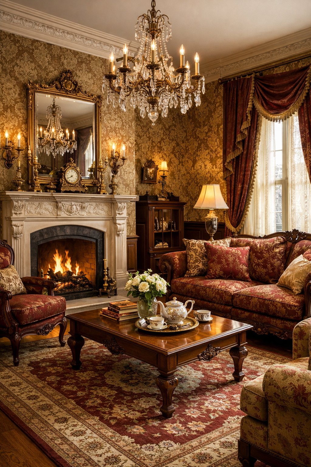 Victorian Living Room Design Ideas: 7 Timeless Inspirations for Elegant Homes 5 A living room with patterned wallpaper, wooden furniture, a fireplace, and large windows with drapes.
