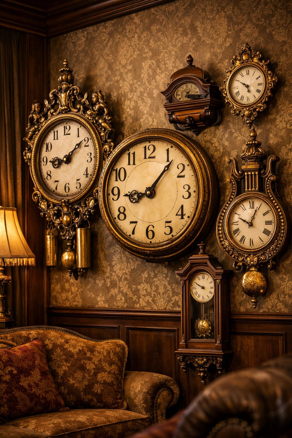 Victorian Living Room Design Ideas: 7 Timeless Inspirations for Elegant Homes 7 A living room wall displaying several antique brass and bronze wall clocks with ornate details and warm lighting.