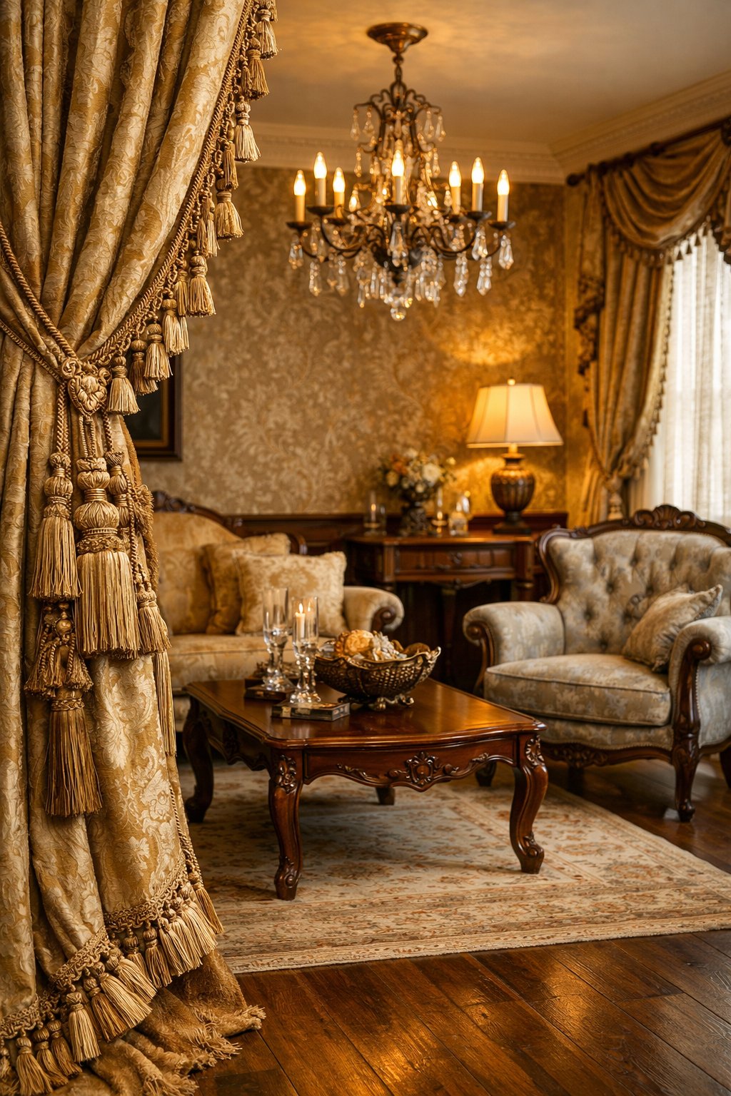 Victorian Living Room Design Ideas: 7 Timeless Inspirations for Elegant Homes 8 A living room with heavy curtains featuring tassels and trims, comfortable armchairs, a wooden coffee table, and warm lighting.