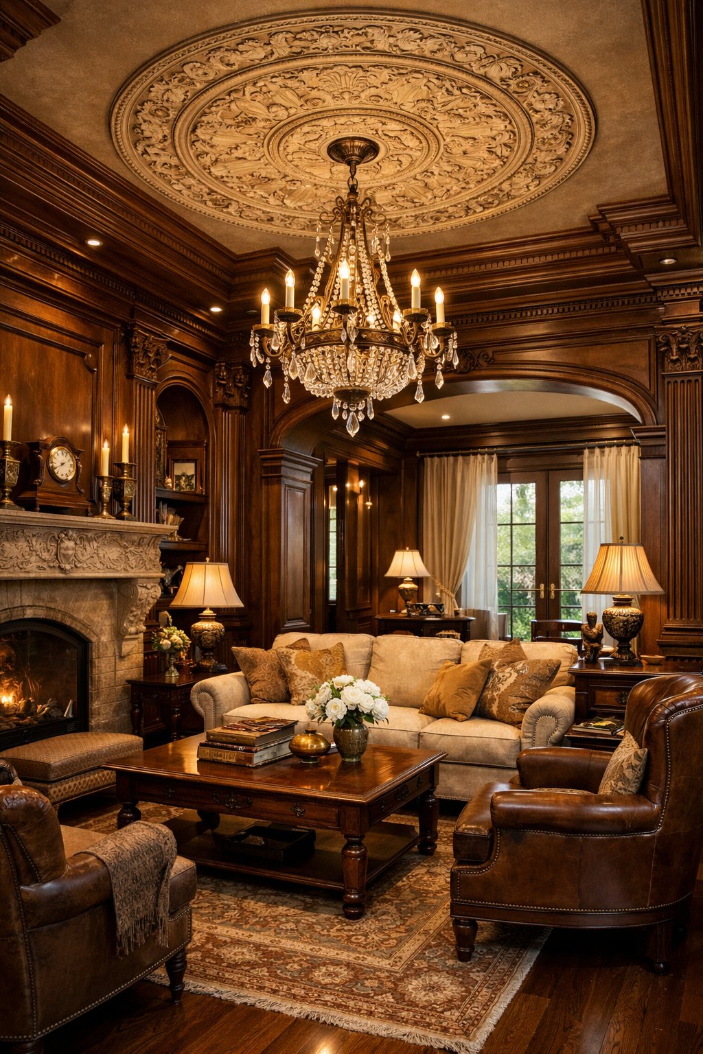 Victorian Living Room Design Ideas: 7 Timeless Inspirations for Elegant Homes 9 A living room with detailed wooden moldings and a decorative ceiling medallion surrounding a chandelier, furnished with comfortable seating and soft natural light.
