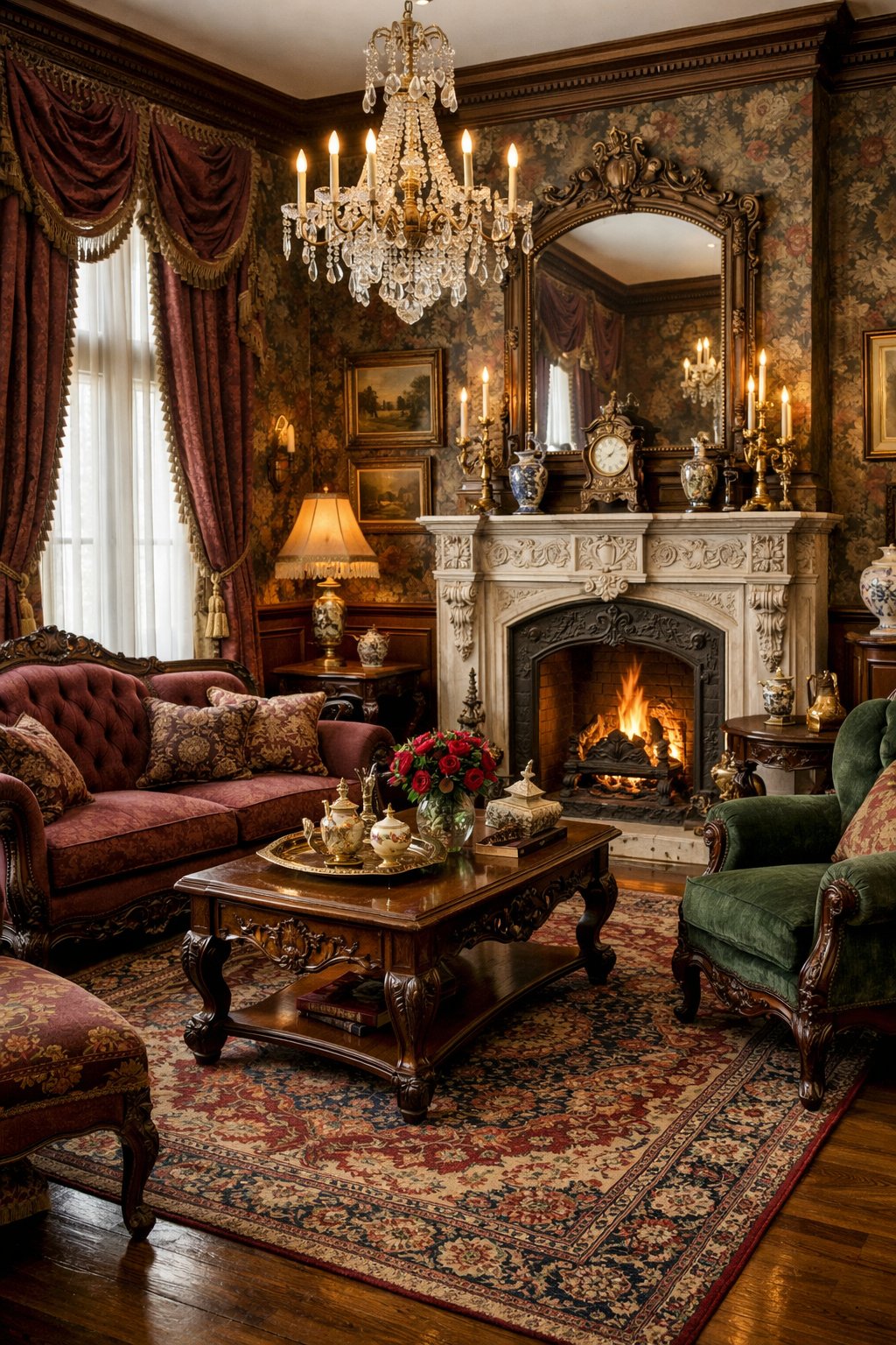 Victorian Living Room Design Ideas: 7 Timeless Inspirations for Elegant Homes 10 A well-furnished living room with a fireplace, upholstered chairs, patterned rug, and decorative elements creating a warm and elegant atmosphere.