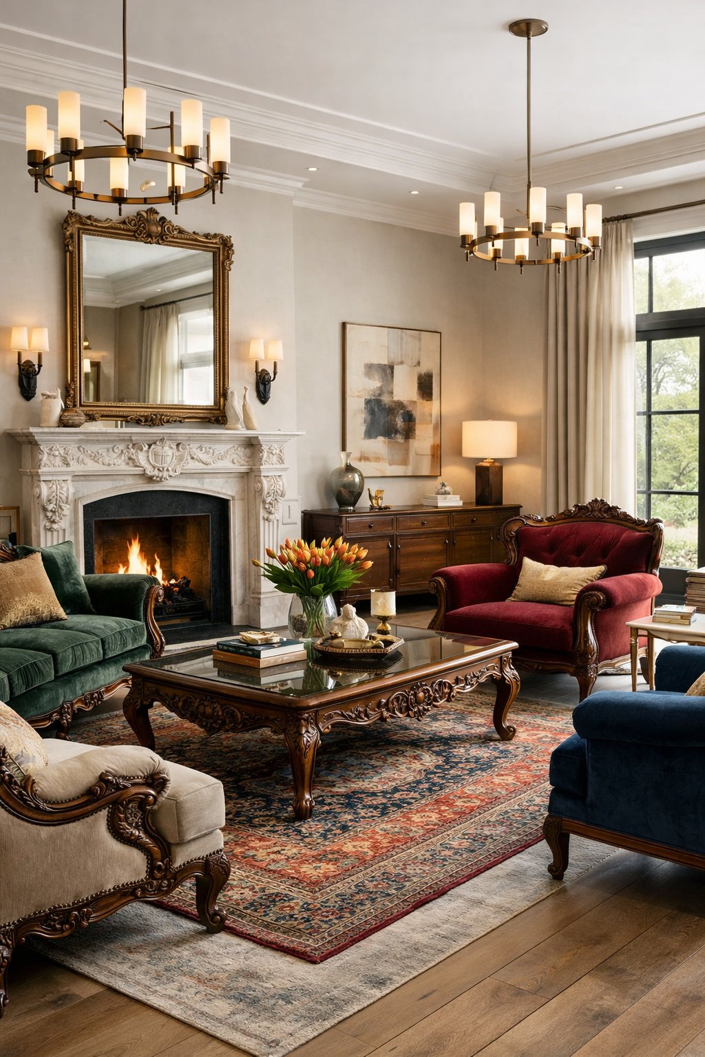 Victorian Living Room Design Ideas: 7 Timeless Inspirations for Elegant Homes 11 A spacious living room with comfortable seating, a fireplace, large windows, and a mix of classic and modern furniture.