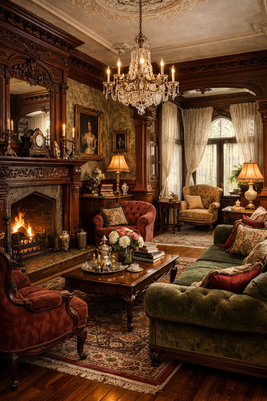 Gorgeous Victorian Home Interiors You’ll Love: 7 Timeless Design Ideas 1 An elegant living room with a fireplace, antique furniture, tall windows, and soft natural light.