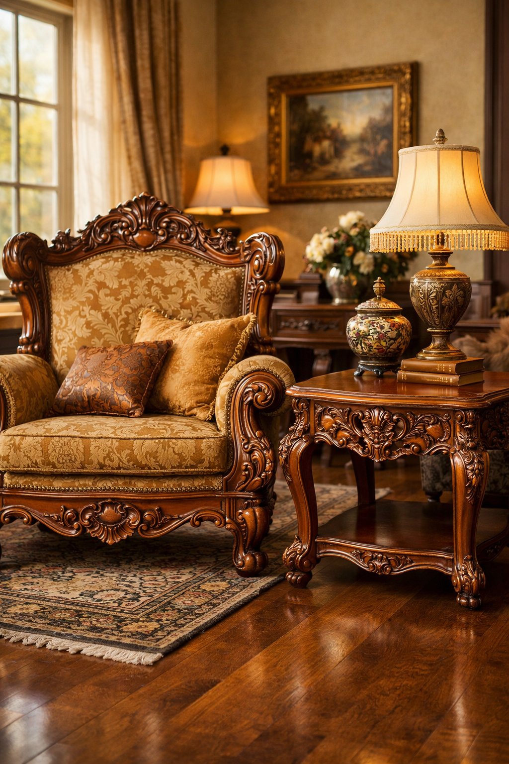 Gorgeous Victorian Home Interiors You’ll Love: 7 Timeless Design Ideas 2 A room with ornately carved wooden furniture including an armchair and side table, lit by natural light through large windows.