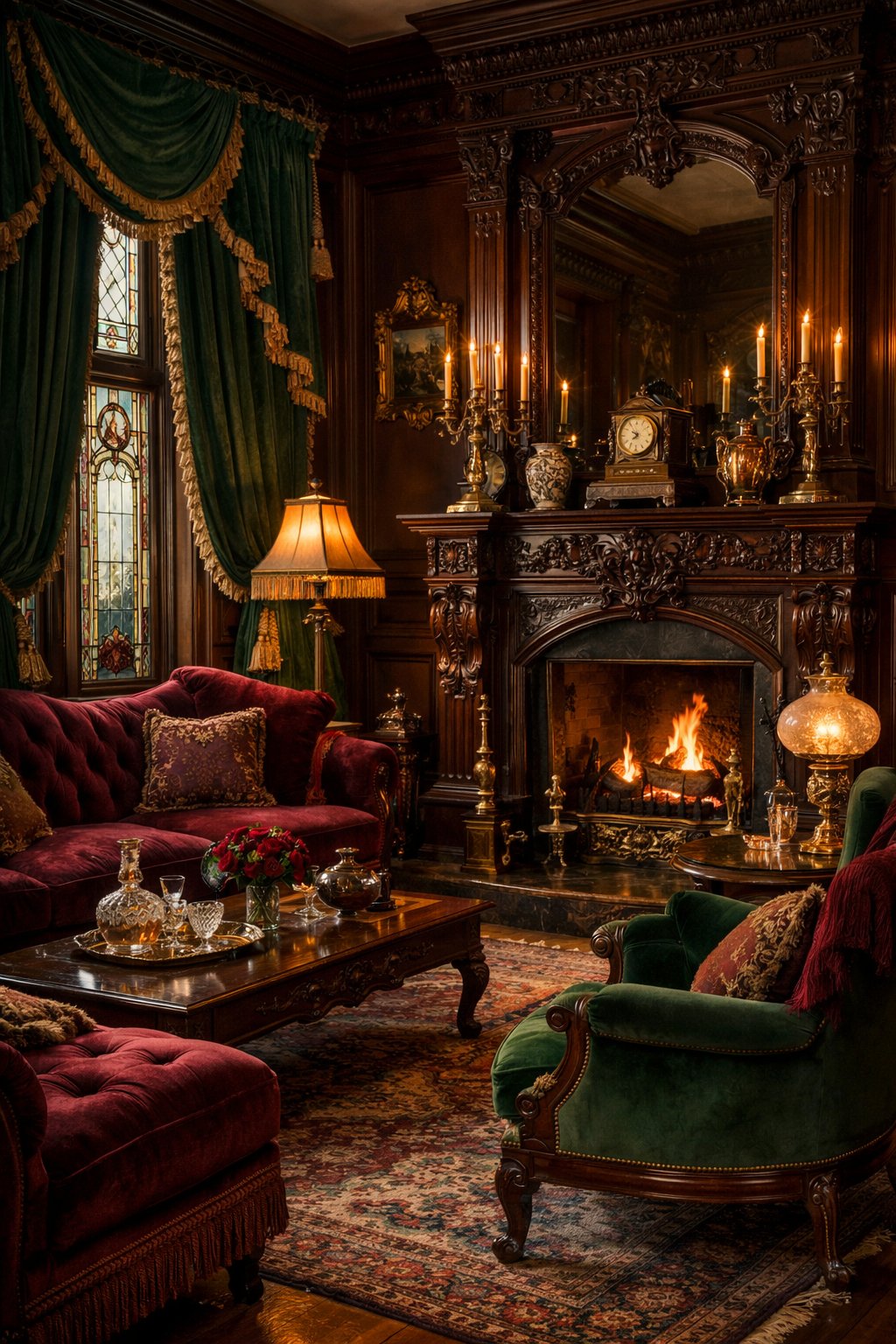 Gorgeous Victorian Home Interiors You’ll Love: 7 Timeless Design Ideas 3 A richly decorated living room with burgundy and emerald colors, featuring a fireplace, velvet furniture, and tall stained glass windows.